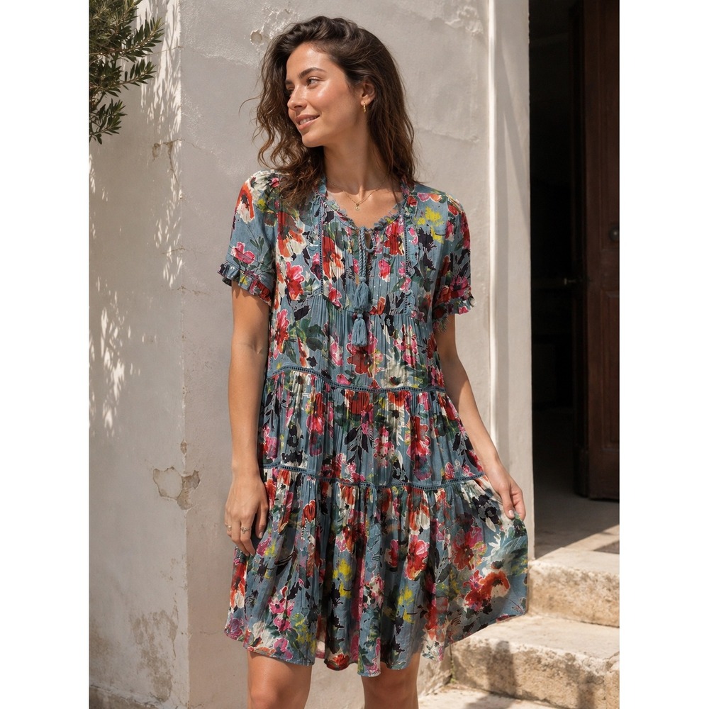 Sundance Tiered Dress Short Sleeve Tassels Floral Boho Pockets Womens Size XS